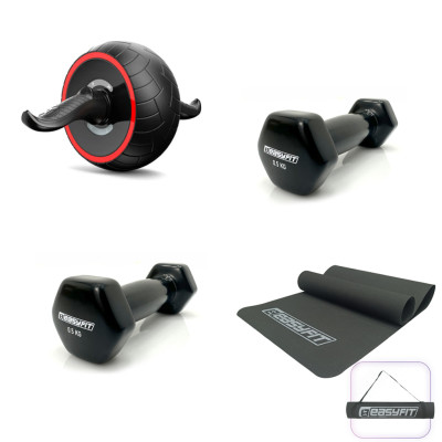 Набір 4. Пресс і тонус. Ролик для преса EasyFit Ab Carver Compact + Килимок для фітнесу EasyFit EVA 3 мм (чорний) + Гантель для фітнесу 0.5 кг EasyFit із вініловим покриттям чорна Набір 4. Пресс і тонус. Ролик для преса EasyFit Ab Carver Compact + Килимок для фітнесу EasyFit EVA 3 мм (чорний) + Гантель для фітнесу 0.5 кг EasyFit із вініловим покриттям чорна