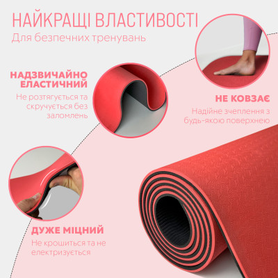 Килимок для йоги та фітнесу EasyFit TPE+TC 6 мм двошаровий + чохол червоний-чорний