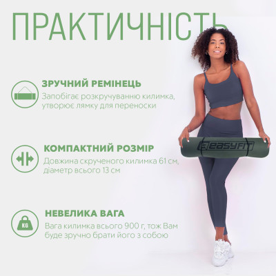Килимок для йоги та фітнесу EasyFit TPE+TC 6 мм двошаровий + чохол чорно-зелений
