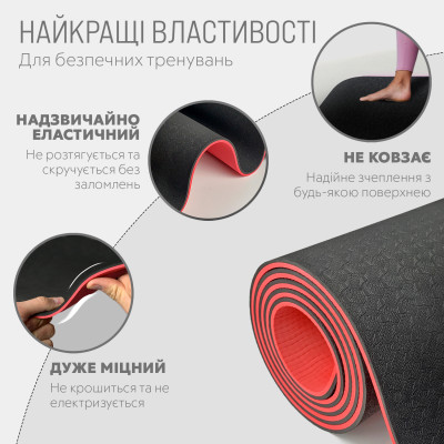 Килимок для йоги та фітнесу EasyFit TPE+TC 6 мм двошаровий чорний-червоний