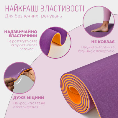 Килимок для йоги та фітнесу EasyFit TPE+TC 6 мм двошаровий фіолетовий-помаранчевий