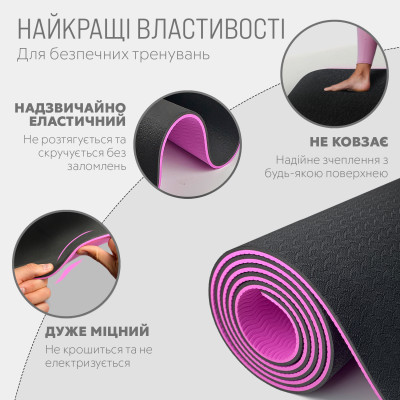 Килимок для йоги та фітнесу EasyFit TPE+TC 6 мм двошаровий чорно-фіолетовий